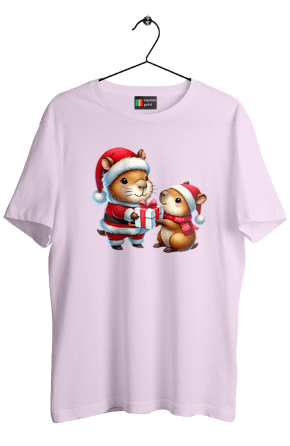 Men's t-shirt with prints Christmas Capybara with a Gift. Animal, capybara, christmas, christmas capybara, gift, holiday, new year, new year`s gift, santa. 2070702