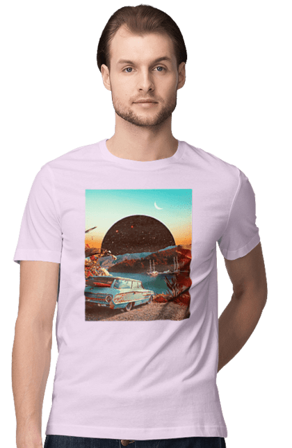 Футболка чоловіча з принтом "Картина, машина біля річки". Картина, машина, планета, прикол, ретро, річка. 2070702