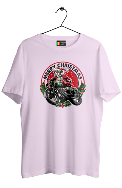 Футболка чоловіча з принтом "Щасливого Різдва, дід мороз на мотоциклі". 2022, дід мороз, зима, мотоцикл, новий рік, подарунки, різдво, санта, сніг. 2070702