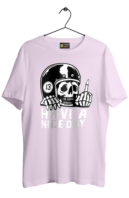 Футболка чоловіча з принтом "Гарного дня". Байкерська, гарного дня, з черепом, тринадцять, фак, череп. 2070702