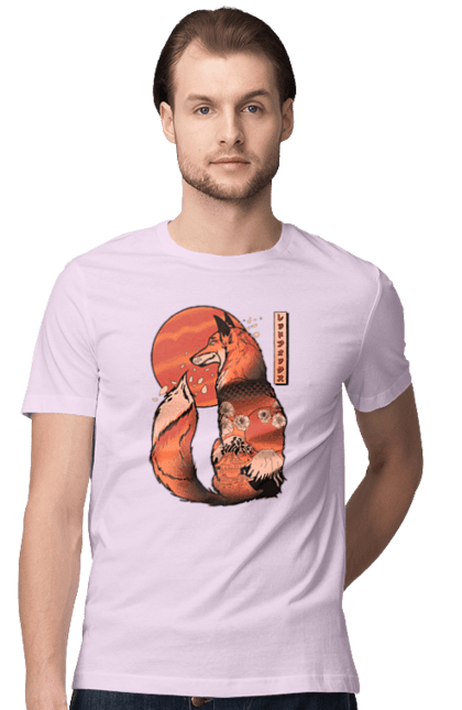 Men's t-shirt with prints Kitsune. Animal, cherry blossoms, flowers, fox, great wave, japan, japanese, kitsune, mount fuji, red fox. 2070702