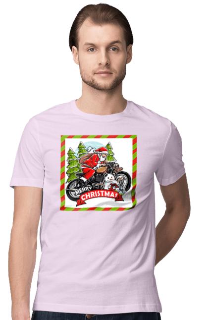 Men`s t-shirt with prints Santa on a motorcycle. Christmas, motorcycle, new year, presents, santa, snowman, tree. 2070702