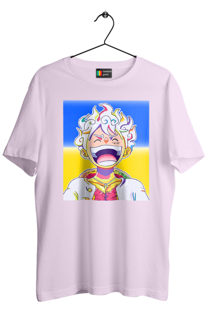 Футболка чоловіча з принтом "Монкі д Луффі сміється на жовто блактному фоні". Ван піс, луффі, монкі д. луффі, прапор україни, символ україни, україна. 2070702