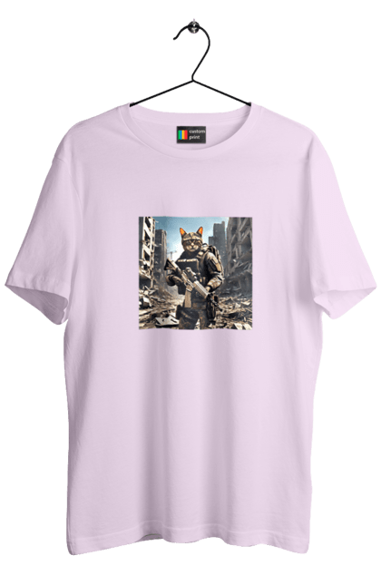 Футболка чоловіча з принтом "Кіт десантник". Бронежилет, війна, військовий, гвинтівка, захисник, камуфляж, кіт, рушниця. 2070702