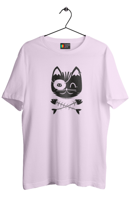 Футболка чоловіча з принтом "Кіт пірат". Кістки, кіт, крутий малюнок, милі рисунки, пірати, риба, тварини, череп. 2070702