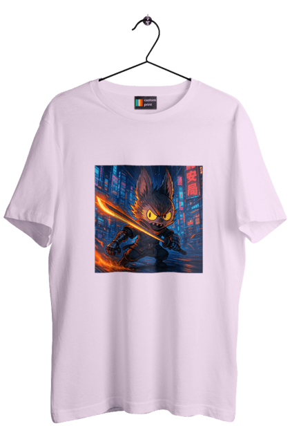 Футболка чоловіча з принтом "Лабубу". Аніместиль, дія, катана, кіберніндзя, кіберпанк, лабубу, меч, неонове місто, очі` що світяться. 2070702
