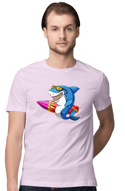 Футболка чоловіча з принтом "Акула В Окулярах З Серфінгом". Акула, літо, окуляри, серфінг. 2070702
