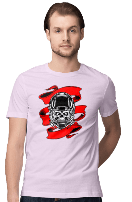 Men`s t-shirt with prints Skull in a motorcycle helmet. Helmet, moto, skull, tape. 2070702