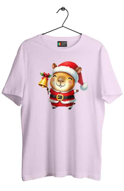 Men's t-shirt with prints Funny capybara with a bell. Animal, bell, capybara, christmas, christmas capybara, gift, holiday, new year, new year`s gift, santa. 2070702