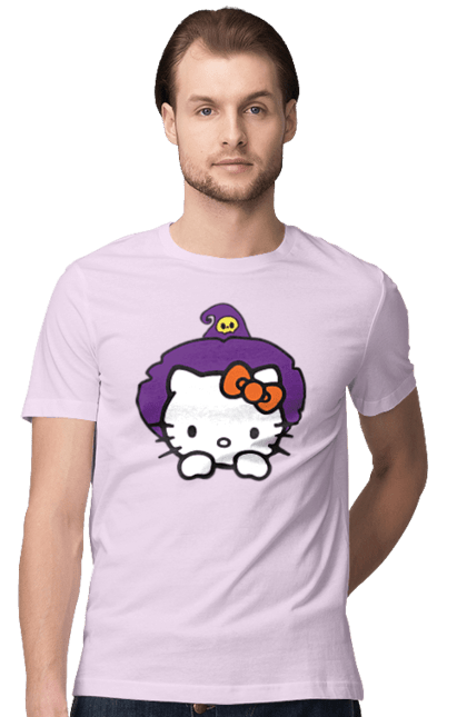 Men's t-shirt with prints Hello Kitty Halloween. Brand, cat, character, halloween, hello kitty, kitten, kitty, witch. 2070702