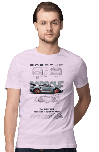 Футболка мужская с принтом Porsche 911 GT3 RS. Porsche, porsche 911, авто, автомобиль, машина, порше, спорт, спортивный автомобиль. 2070702