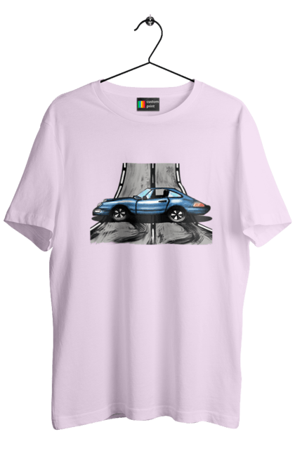 Футболка чоловіча з принтом "Спортивний Автомобіль На Дорозі". Автомобіль, гонки, синій, спортиного, швидкий, швидкісний. 2070702