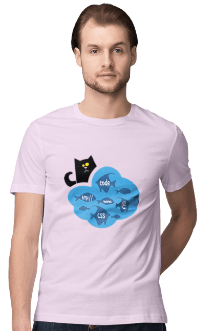 Футболка чоловіча з принтом "Кіт програміст". Angular, c, css, html, it, javascript, jquery, php, python, react, svelt, vue, айтишник, айті, гумор, код, кодувати, прогер, програміст, програмісти, ти ж, ти ж програміст, тиж програміст. 2070702