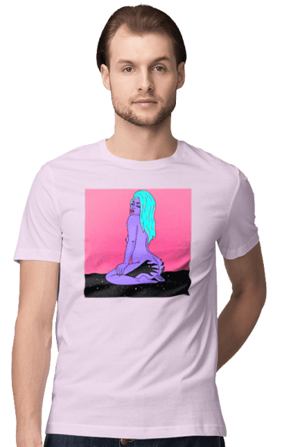 Футболка чоловіча з принтом "Фіолетова Дівчина В Руках". Дівчина, інопланетянка, сидить. 2070702