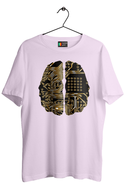Men`s t-shirt with prints It Brain. Brain, chip, code, comp, computer, crystal, cyber, cybernetics, cyborg, developer, engineer, geek, gold, golden, it, it specialist, knowledge, mind, printed circuit board, profession, professional, programmer. 2070702