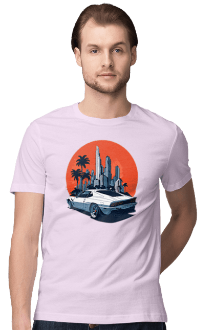 Футболка чоловіча з принтом "Авто". Гонка, захід сонця, спортивний автомобіль, швидкість. 2070702