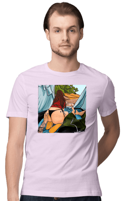 Футболка чоловіча з принтом "Відпочинок З Улюбленою У Палатці". Відпочинок, жопа, палатка, собака. 2070702