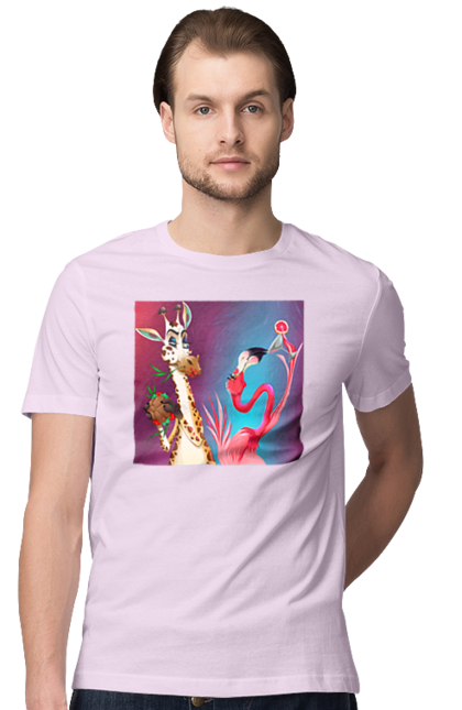 Футболка чоловіча з принтом "Жираф І Фламінго На Вечірці". Жираф, їжа, коктейль, фламінго. 2070702