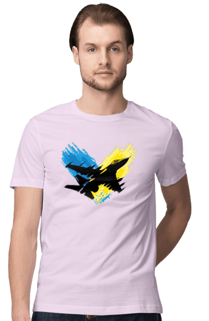 Футболка чоловіча з принтом "Літак F 16". З прапором, зсу, літак, літак f16, патріотична, прапор, ф16. 2070702