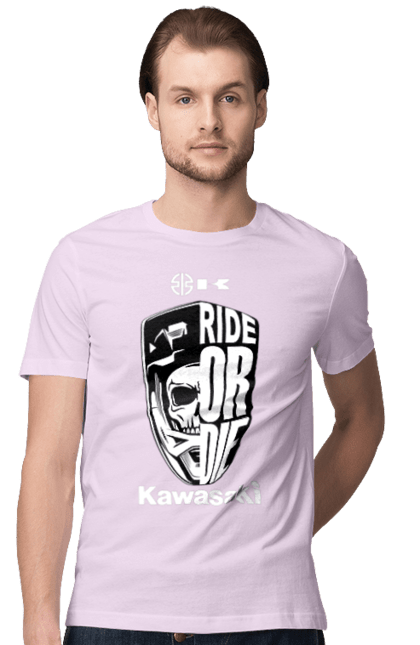 Футболка чоловіча з принтом "Kawasaki". Kawasaki, ride or die, бренд, мотоцикл, спорт, череп. 2070702