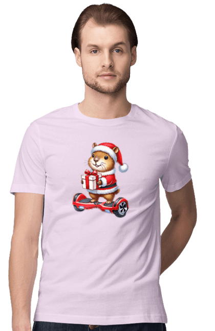 Men's t-shirt with prints Christmas Capybara with a Gift. Animal, capybara, christmas, christmas capybara, gift, holiday, new year, new year`s gift, santa. 2070702