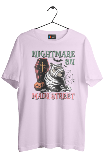 Men's t-shirt with prints Capybara Halloween. Animal, capybara, ghost, halloween, holiday, moon, mummy, pumpkin, rodent. 2070702