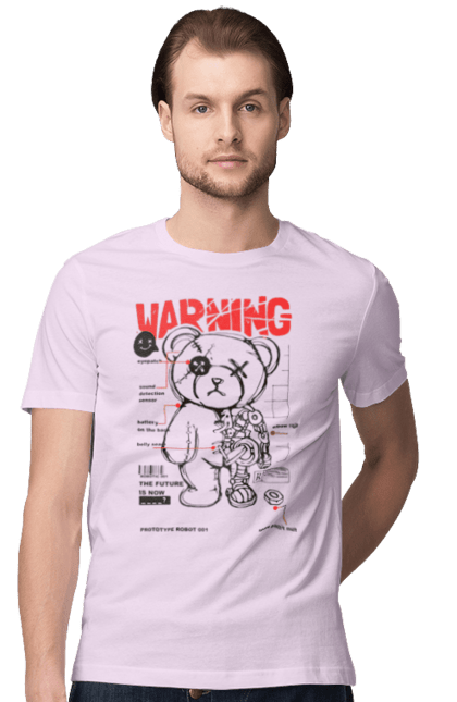 Men's t-shirt with prints Robot bear. Attention, bear, details, robot, toy, warning. 2070702