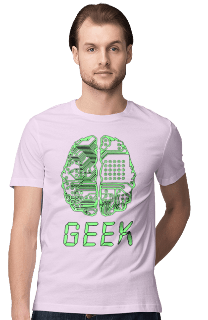 Футболка чоловіча з принтом "Гик Мозок Неоновий". Айті, айтішник, гик, друкована плата, зелений, знання, інженер, кібер, кібернетика, кіборг, код, комп, комп’ютерник, кристал, мікросхема, мозок, неон, неоновий, програміст, професіонал, професія, розробник, розум, світиться, світло, чіп. 2070702