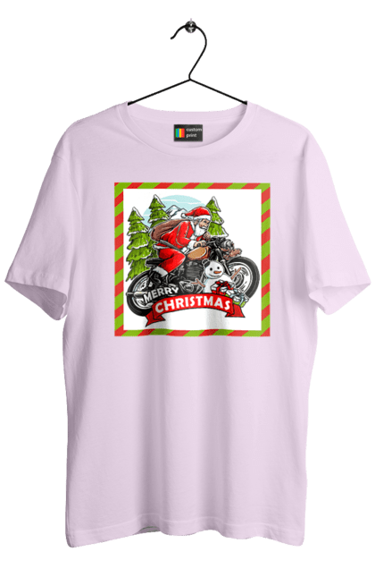 Men`s t-shirt with prints Santa on a motorcycle. Christmas, motorcycle, new year, presents, santa, snowman, tree. 2070702