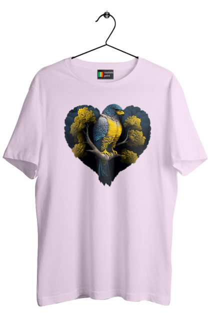 Men`s t-shirt with prints Blue and yellow falcon. Falcon, flag of ukraine, heart, symbol of ukraine, tree, ukraine. 2070702