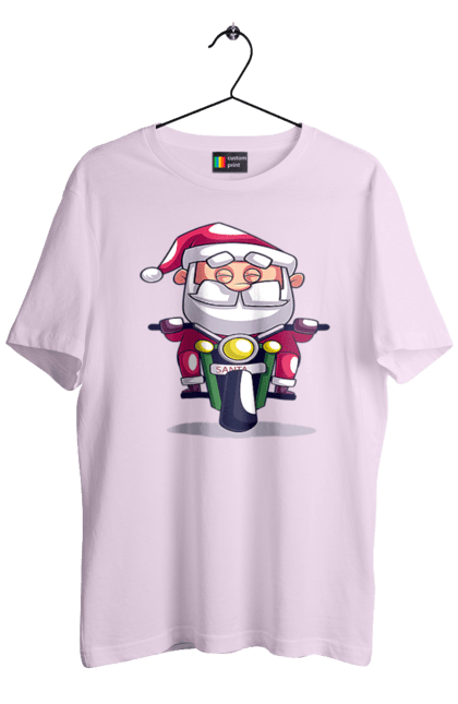 Футболка чоловіча з принтом "Щасливий Санта на мотоциклі". 2022, дід мороз, зима, мотоцикл, новий рік, різдво, санта, сніг. 2070702