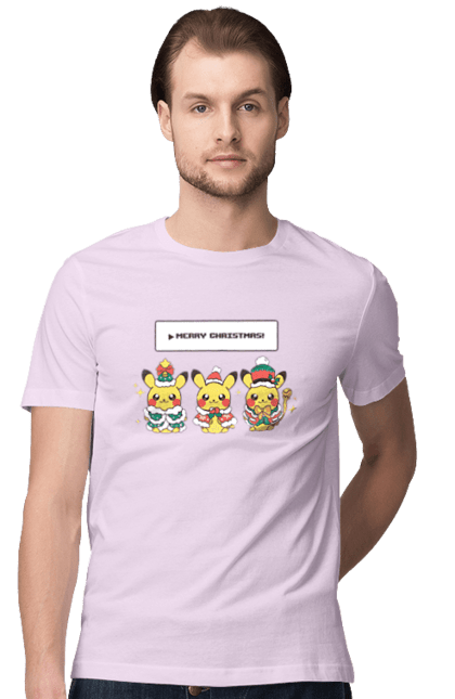 Men`s t-shirt with prints Pikachu Merry Christmas. Anime, christmas, game, manga, merry christmas, nintendo, pikachu, pokemon. 2070702