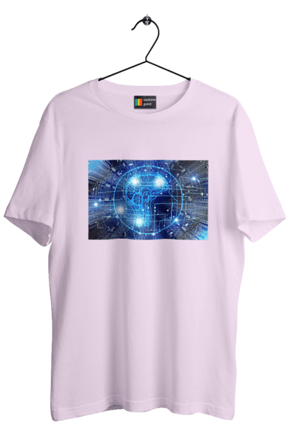 Футболка чоловіча з принтом "Штучний інтелект". Айті, айтішник, гік, знання, інженер, інтелект, кібер, кібернетика, кіборг, код, комп, комп`ютерник, кристал, машинне навчання, мікросхема, мозок, портрет, програміст, професіонал, професія, розробник, розум, хакер, чіп, штучний інтелект, штучний розум. 2070702