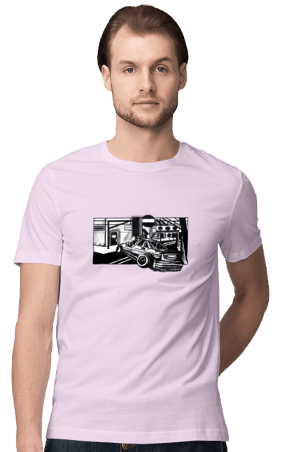 Футболка мужская с принтом Опасный Автомобиль на дорогах улиц. Автомобиль, быстрый, гонки, машина, опасный, черно-белый. 2070702