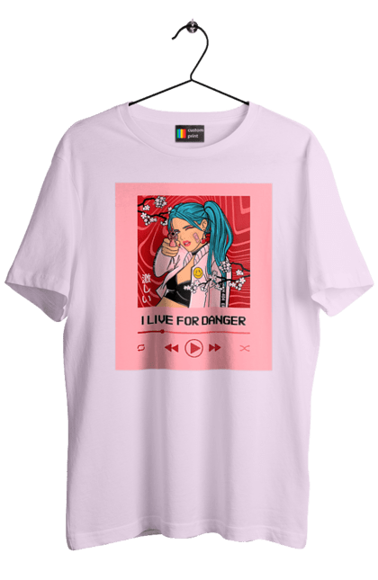 Футболка чоловіча з принтом "I Live For Danger". Аніме, музика, пістолет, програвач. 2070702