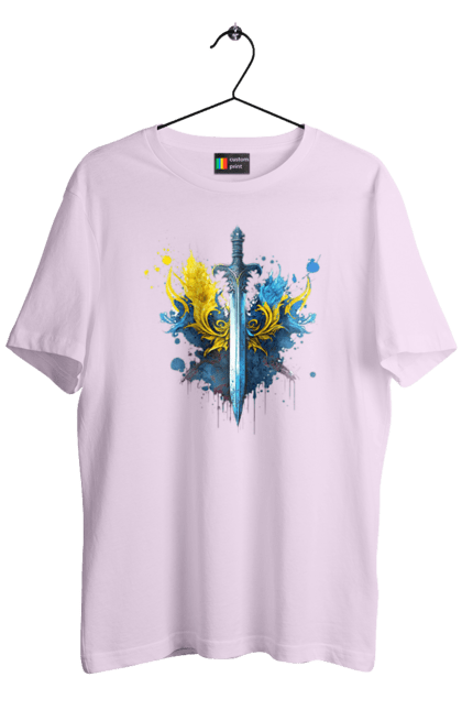 Футболка чоловіча з принтом "Меч в українському стилі". Герб, меч, перемога, прапор, символ україни, тризуб, україна. 2070702