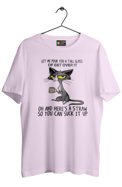Футболка чоловіча з принтом "Як це пережити?". Велика склянка, випий, все відмінно, йди нахуй, кіт і кухоль, налий, роздум, смоктати, як це подолати. 2070702
