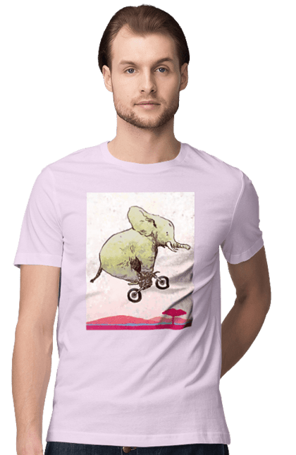 Men`s t-shirt with prints Elephant On A Motorcycle. Elephant, flight, motorcycle. 2070702