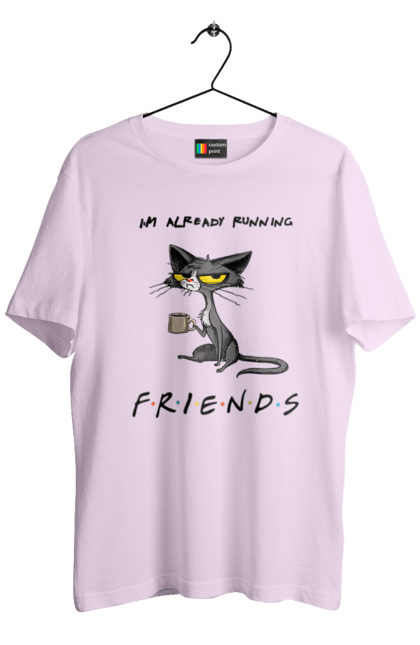 Футболка чоловіча з принтом "Друзі, вже біжу". Вже біжу, відвали, друзі, йди нахуй, кіт з чашкою, не вчіть жити, пародія серіал, сам собі друг, самотність сука, серіал кіт. 2070702