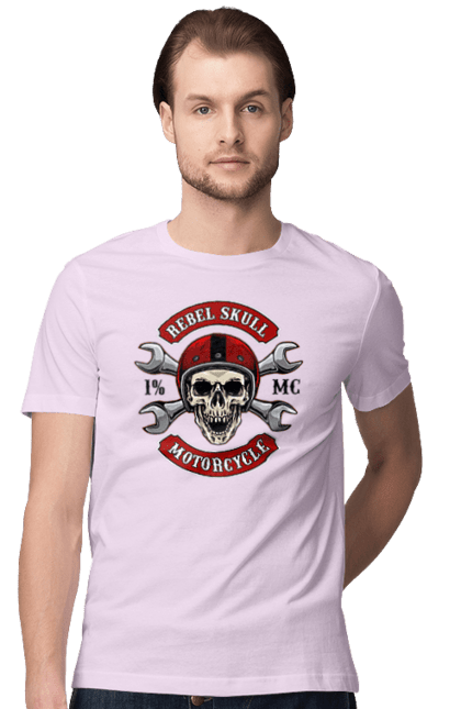 Футболка чоловіча з принтом "череп мотолюбитель". Любитель, мотоцикл, череп, шолом. 2070702