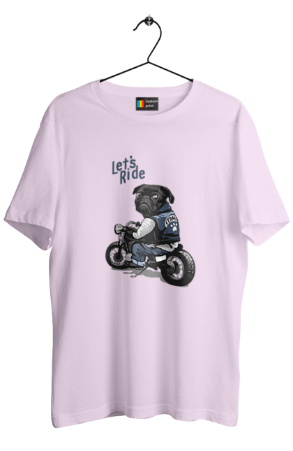 Футболка чоловіча з принтом "Мопс на мотоциклі". Байкер, мопс, мотоцикл, собака, тварини. 2070702