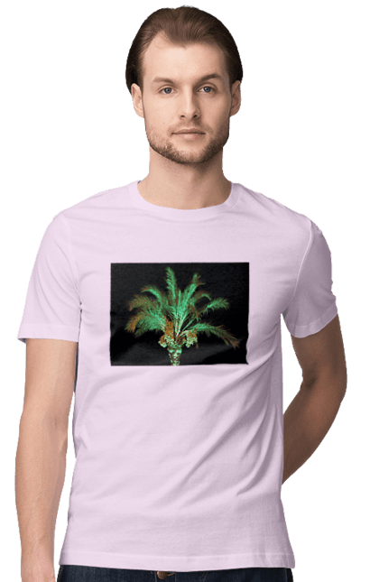 Футболка чоловіча з принтом "Фінікова Пальма Вночі". Берег, відпочинок, відпустка, зелений, море, ніч, оазис, океан, острів, пальма, південь, подорож, пригоди, тропіки, фінікова, чорне. 2070702