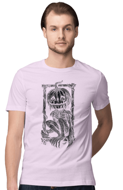 Men's t-shirt with prints Scarecrow. Autumn, claws, frame, halloween, horror, pumpkin, scarecrow, skeleton, smile. 2070702