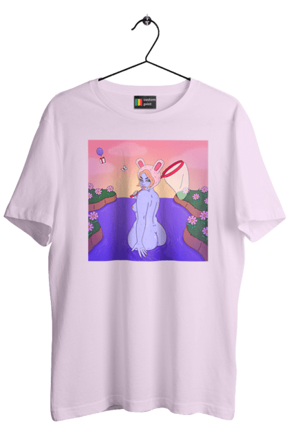 Футболка чоловіча з принтом "Фіолетова Дівчина На Полюванні". Гола, дівчина, сачок. 2070702