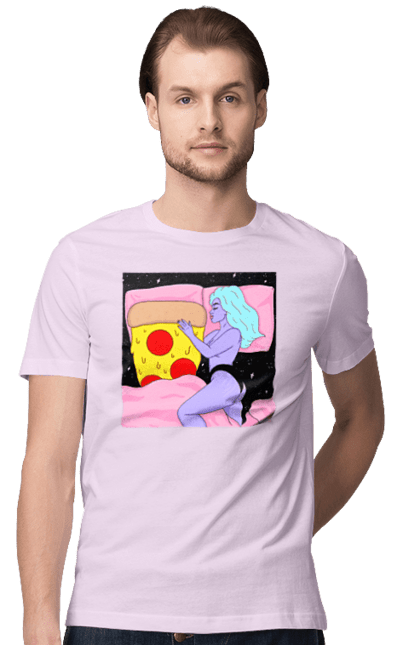 Men`s t-shirt with prints Purple Girl And Pizza. Bed, girl, pizza. 2070702