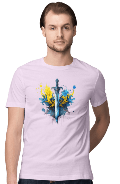 Футболка чоловіча з принтом "Меч в українському стилі". Герб, меч, перемога, прапор, символ україни, тризуб, україна. 2070702