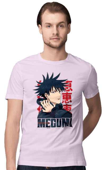 Men's t-shirt with prints Jujutsu Kaisen Megumi. Anime, dark fantasy, fushiguro, fushiguro megumi, jujutsu kaisen, magic battle, manga, megumi, mystic. 2070702