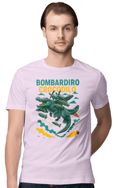 Футболка чоловіча з принтом "Bombardino Crocodilo". Bombardino, bombardino crocodilo, crocodilo, бомбардіно крокоділо, крокодил, крокодил літак, крокодил мем, мем, мем бомбардине крокодило. 2070702