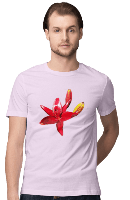 Men`s t-shirt with prints Red lily. Bright, bud, buds, color, flower, lily, nature, red, red flower, red lily, sunny. 2070702