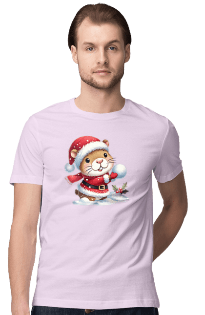 Men's t-shirt with prints Capybara playing snowballs. Animal, capybara, christmas, christmas capybara, game, gift, holiday, new year, santa, snowballs. 2070702